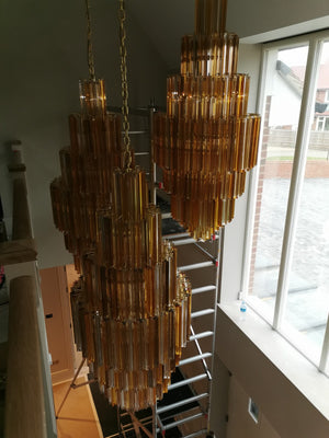 Cluster Pendant Custom Stairwell Chandelier 3 Sided Murano Glass Prism in Amber, Fume & Clear Crystal