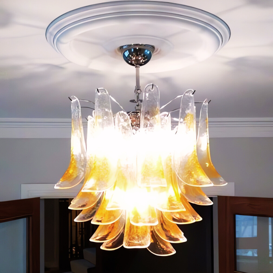 Full view of the Amber Petali Chandelier, featuring layered amber glass petals with a chrome finish, designed for sophisticated interiors.