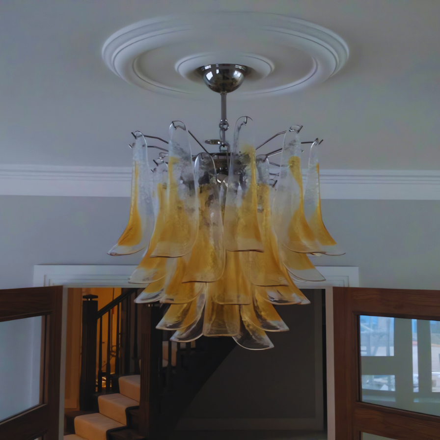 Full view of the Amber Petali Chandelier, featuring layered amber glass petals with a chrome finish, designed for sophisticated interiors.