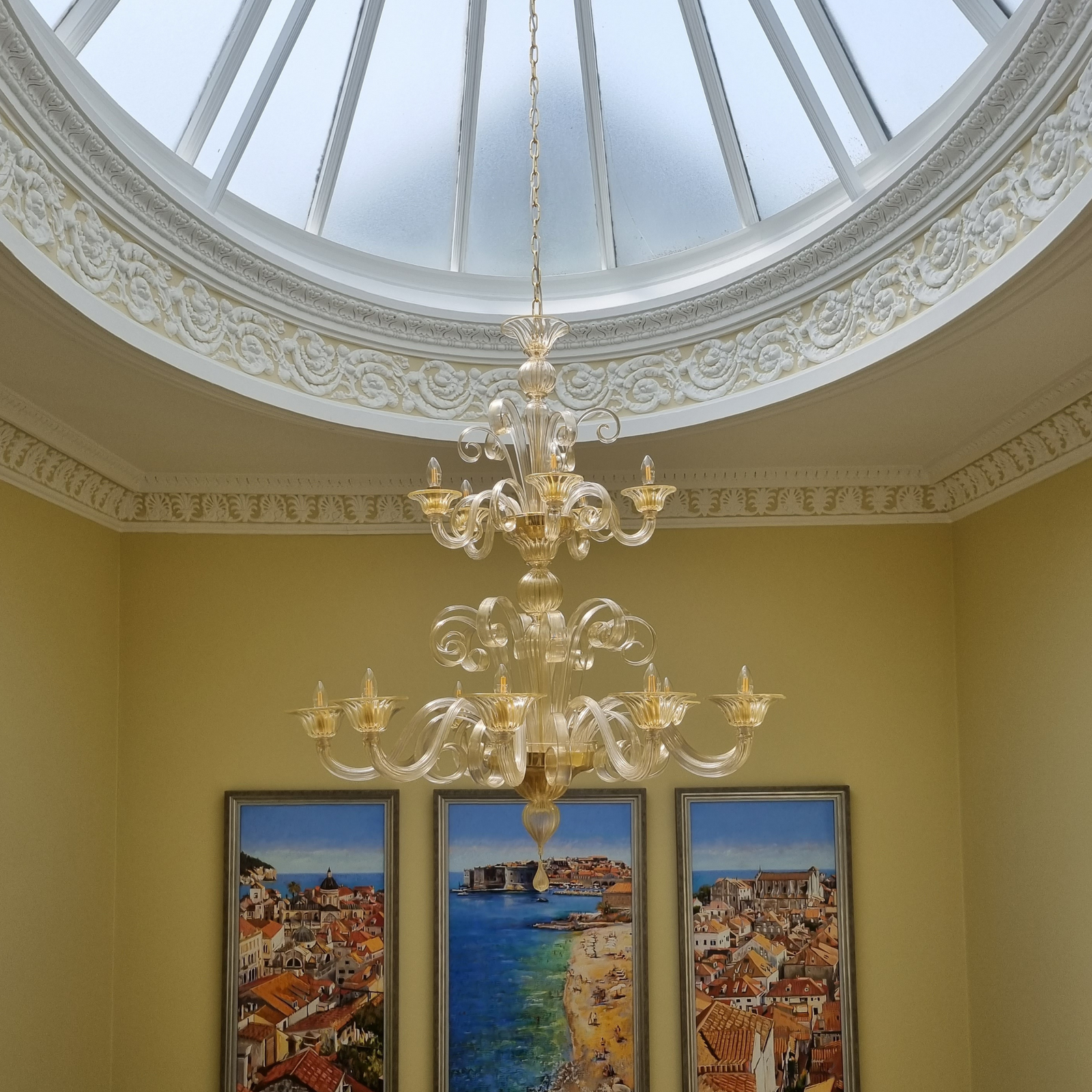 Clear & Gold 15 Arm Venetian Glass Chandelier Under Skylight