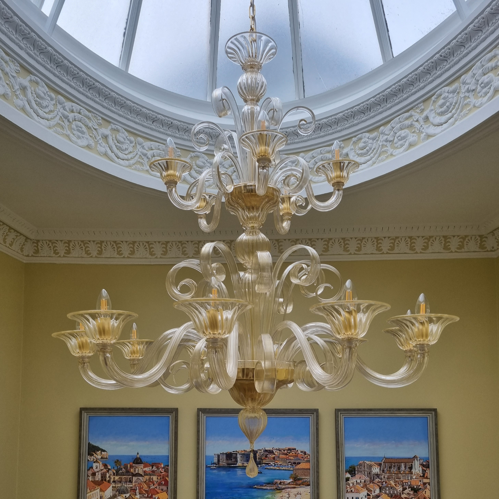 Clear & Gold 15 Arm Venetian Glass Chandelier Under Skylight