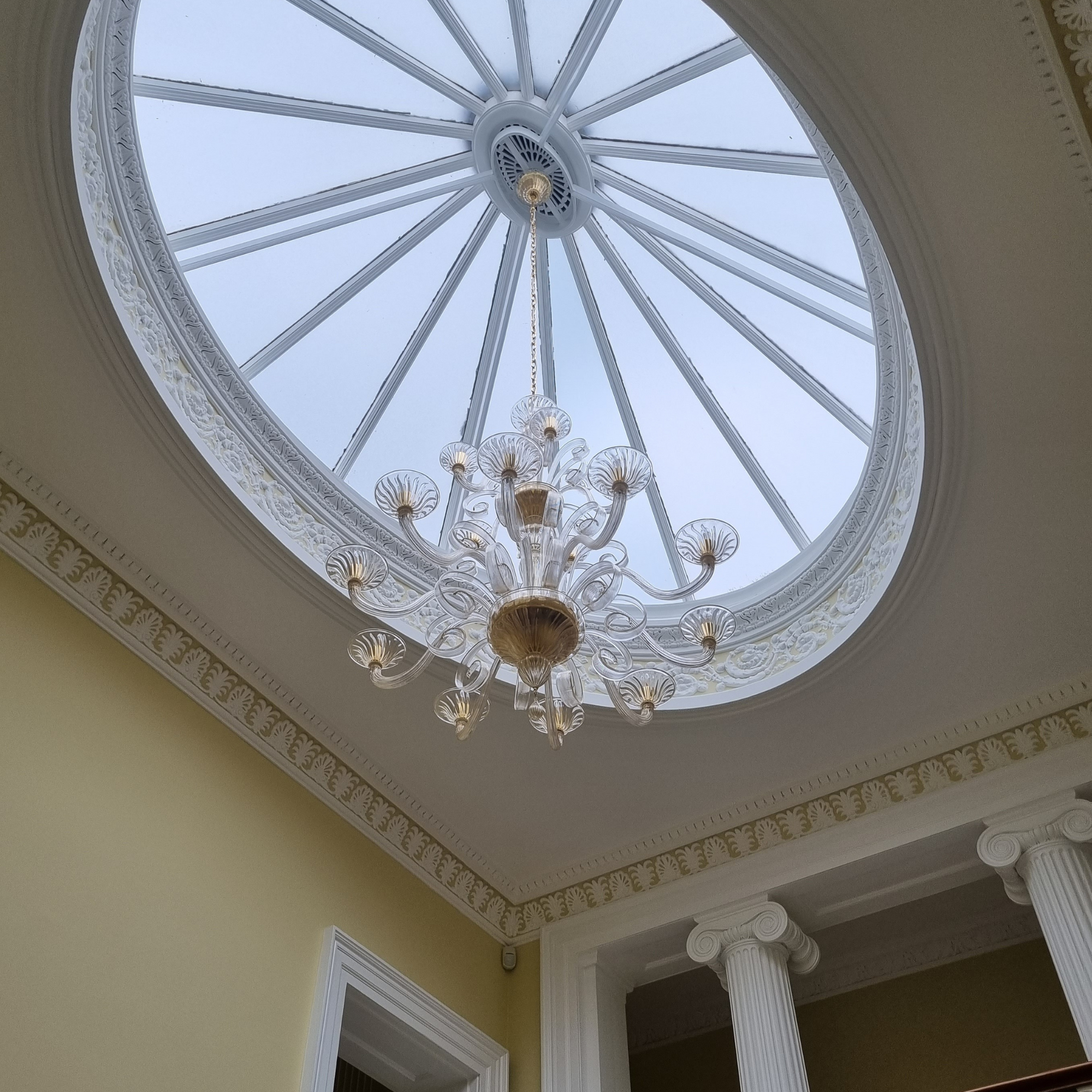 Clear & Gold 15 Arm Venetian Glass Chandelier Under Skylight