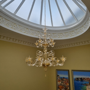 Clear & Gold 15 Arm Venetian Glass Chandelier Under Skylight