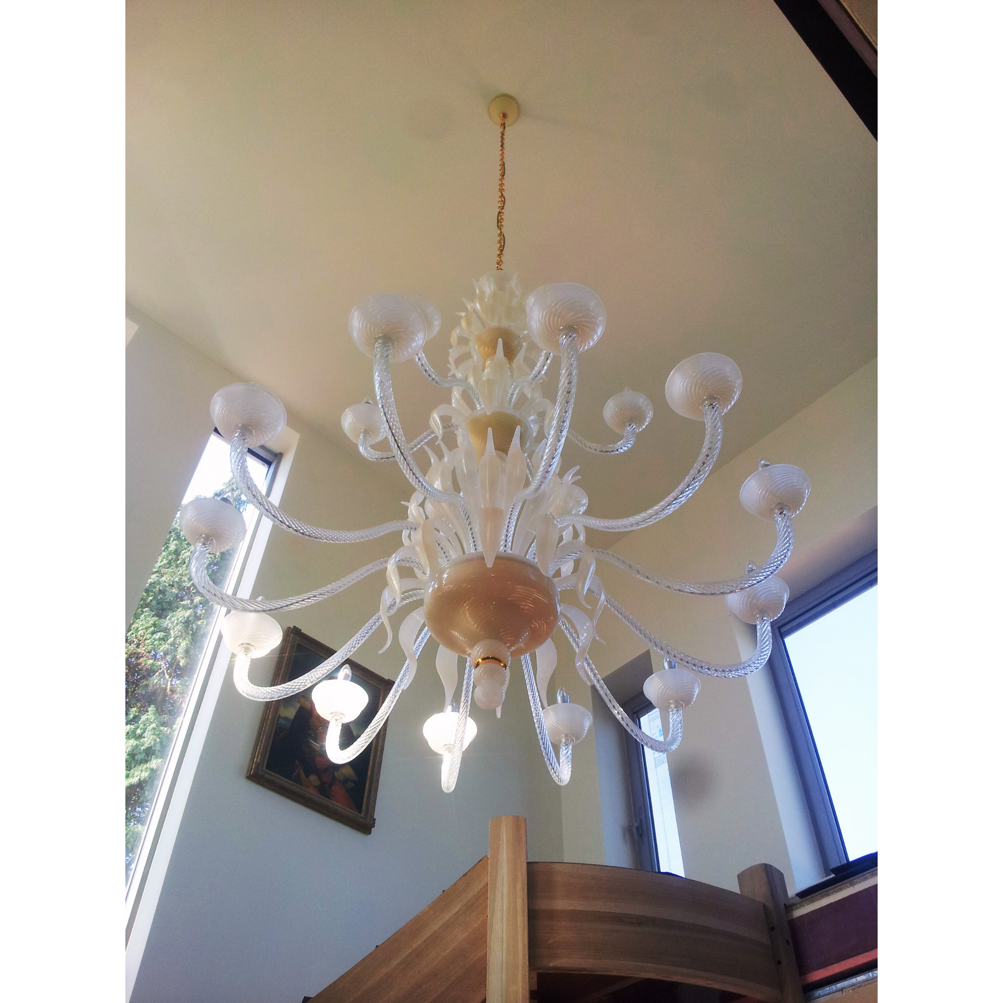 Classic Three-Tier Murano Glass Chandelier viewed from below, highlighting the elegant crystal details.