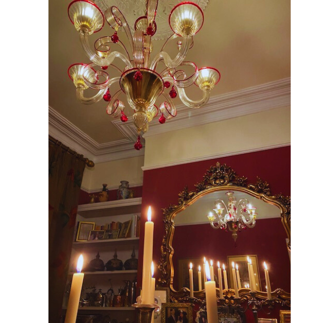 Handcrafted Murano chandelier with delicate red and clear glass accents