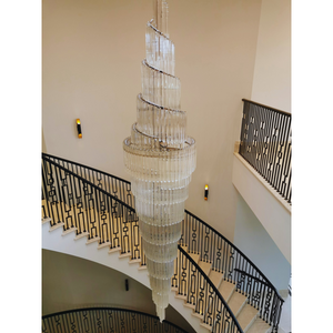 300cm Double Spiral Murano Quadriedri Chandelier with a cascading design, viewed from above a spiral staircase