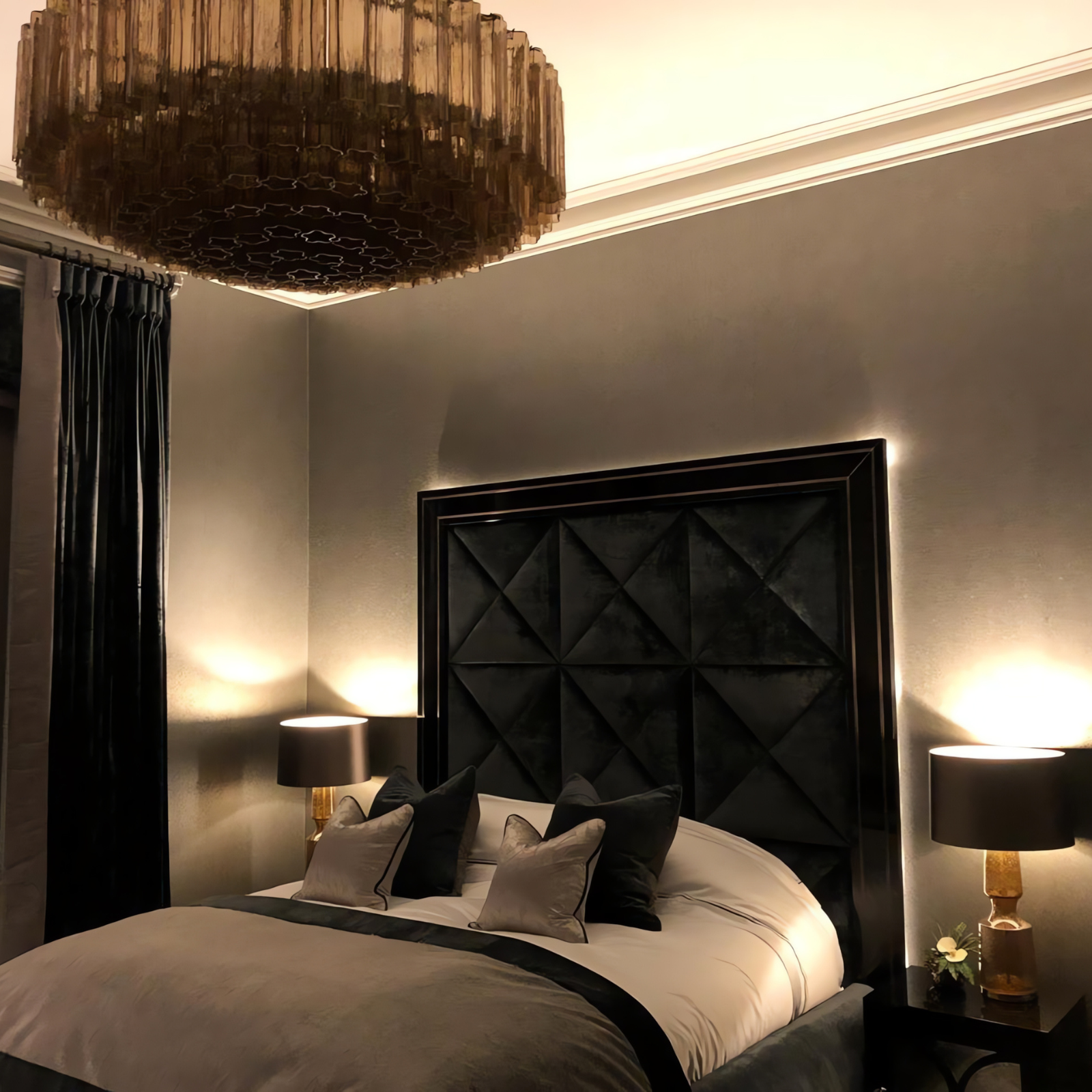 Elegant bedroom with a Large Round Tronchi Chandelier in smoky glass, creating a warm and inviting ambiance with modern decor.