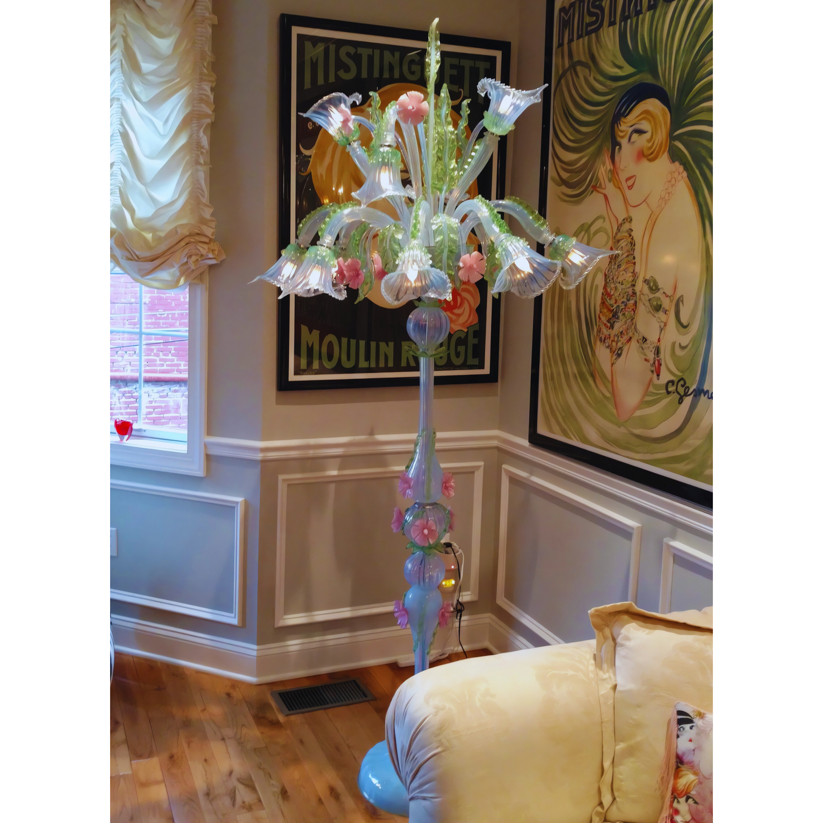 Elegant Opaline Floor Flambeaux Chandelier with lily-shaped glass cups and pastel hues of blue, pink, and green, standing in a tastefully decorated living space.