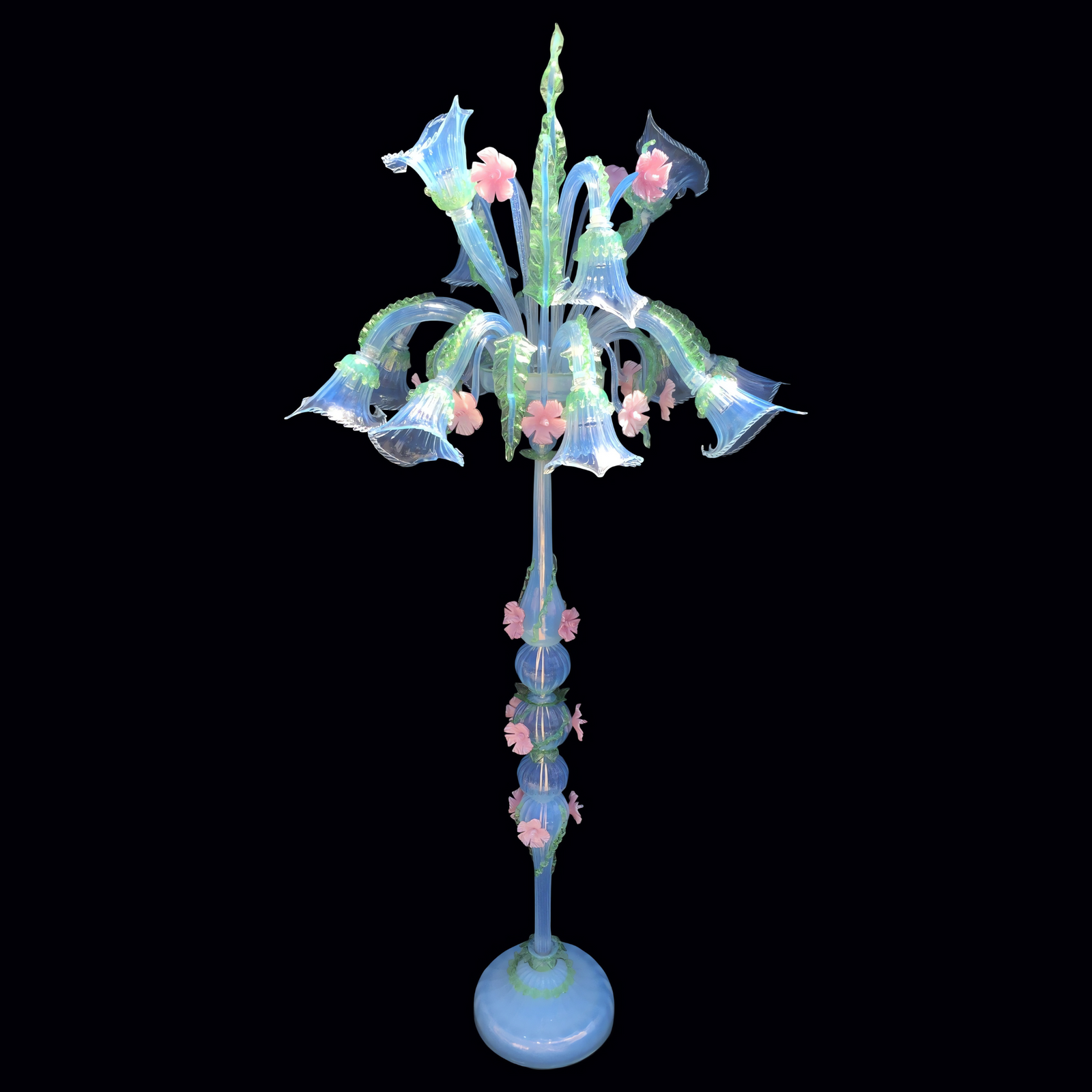 Elegant Opaline Floor Flambeaux Chandelier with lily-shaped glass cups and pastel hues of blue, pink, and green, standing in a tastefully decorated living space.