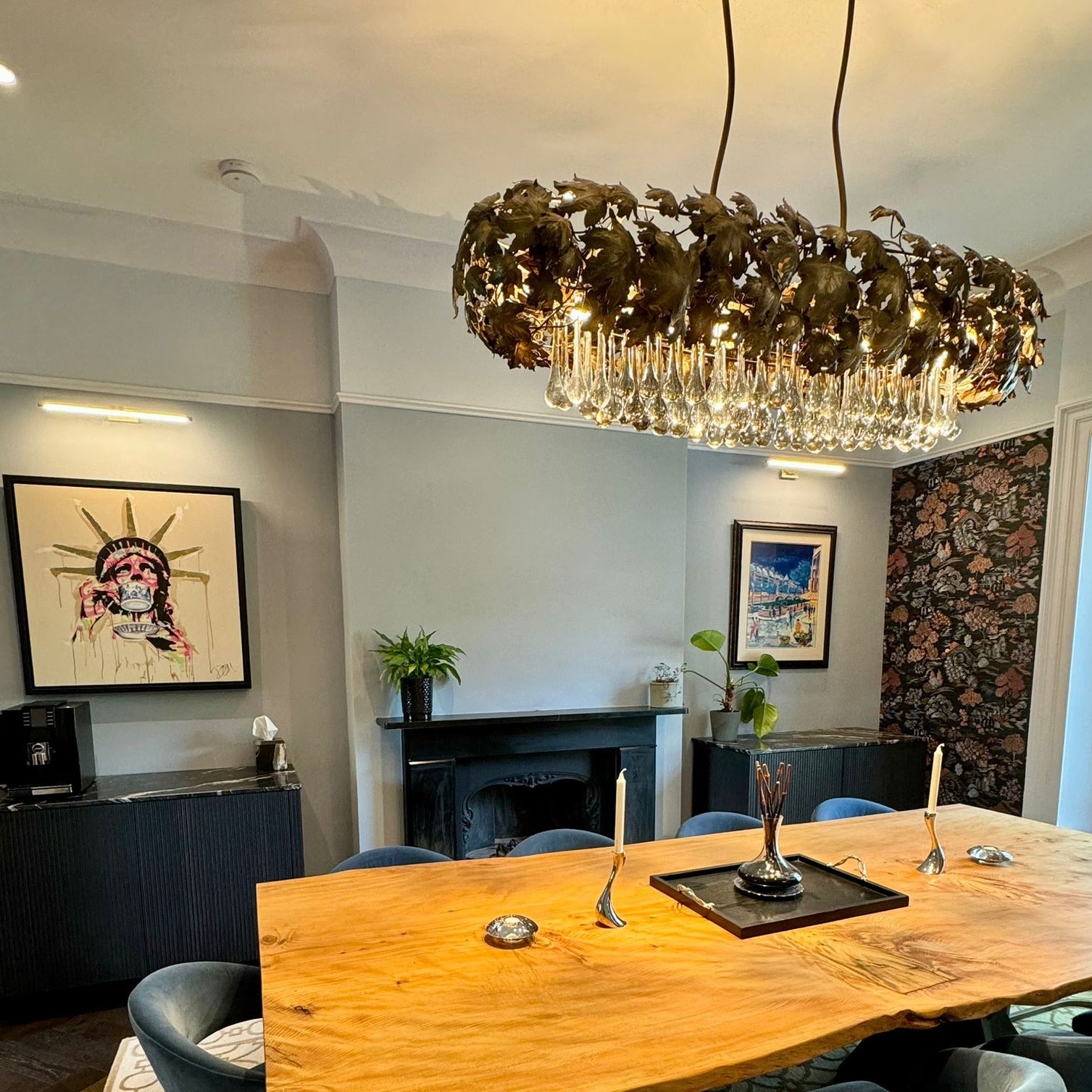 Organic Metal Leaf Chandelier With Glass Droplets