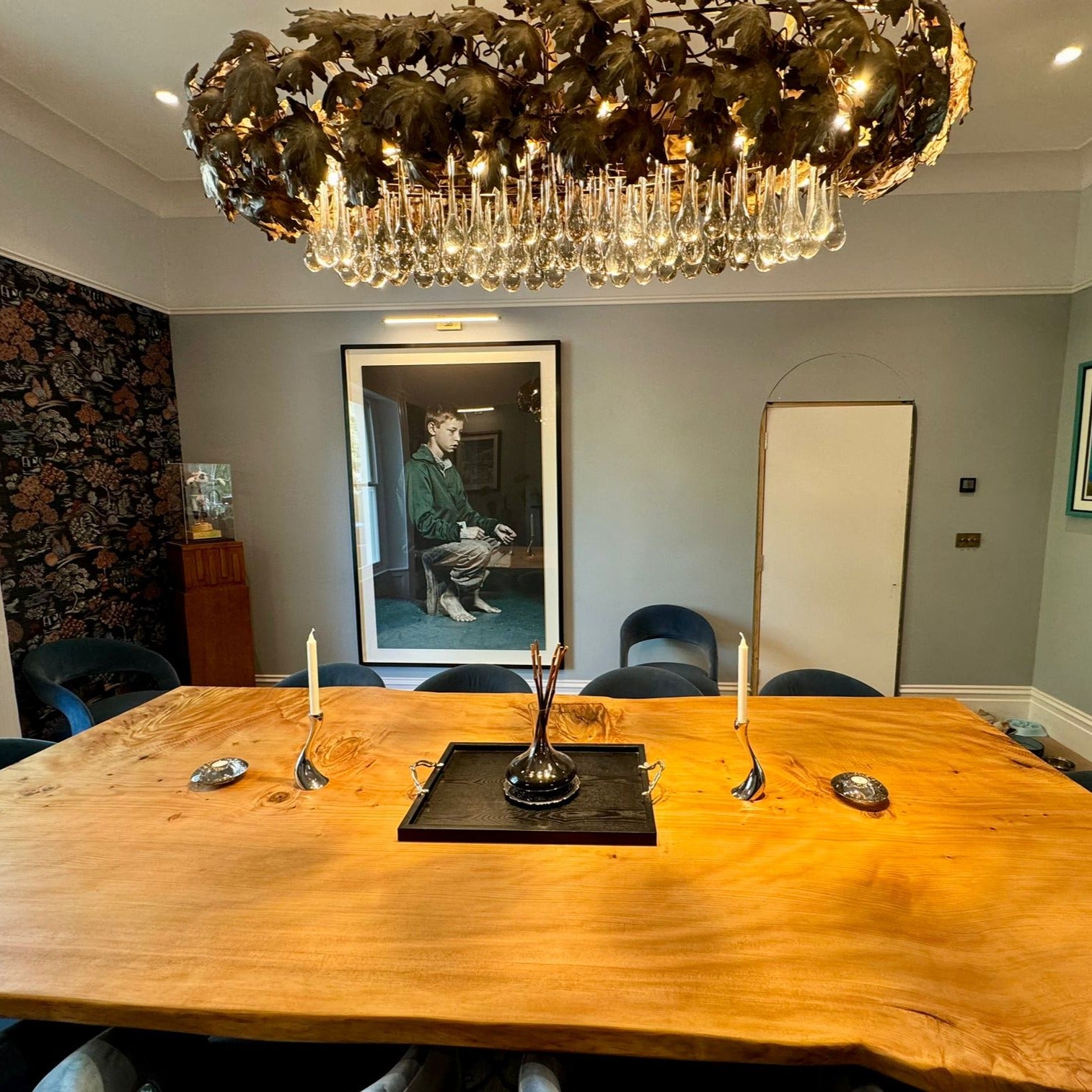 Custom Brass Leaf Droplet Chandelier Dining Table