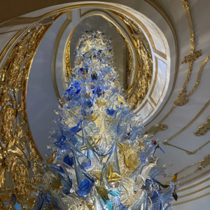 custom blue art glass staircase chandelier - long drop staircase lights