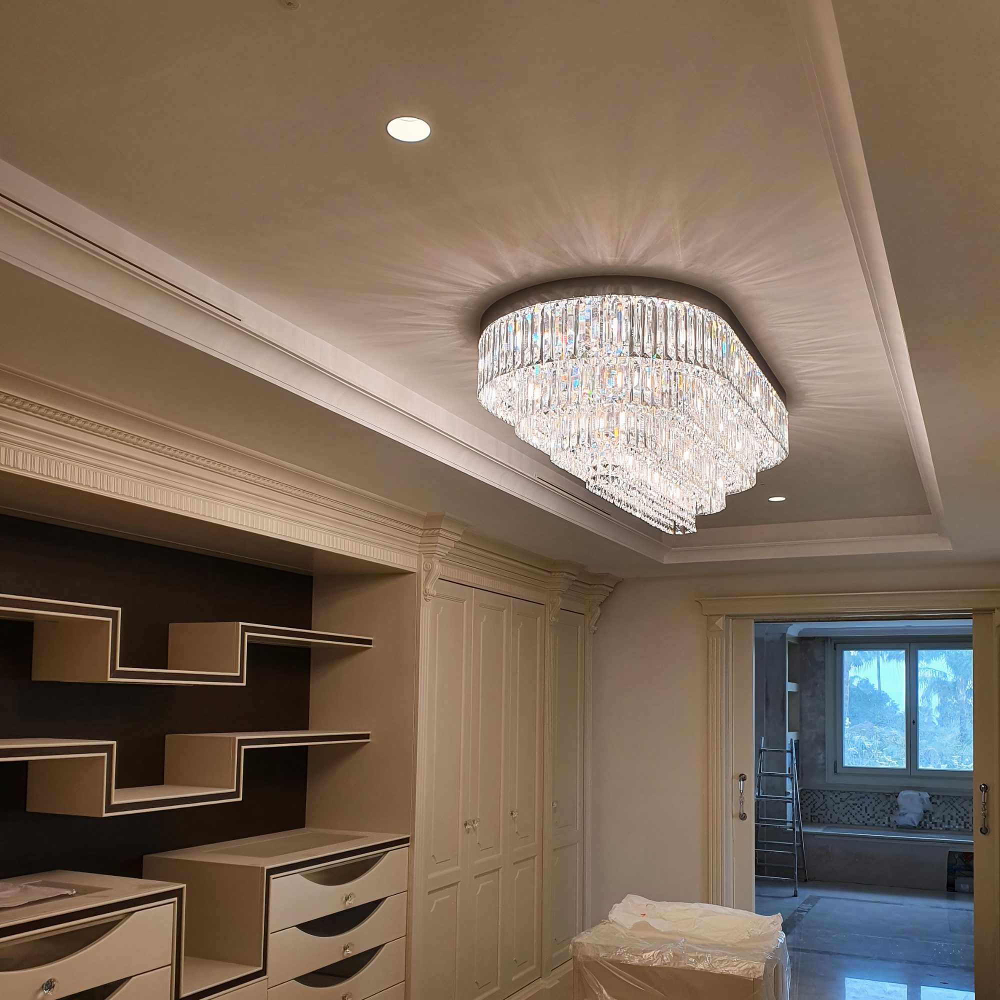 custom crystal chandelier with chrome frame - bespoke luxury lighting