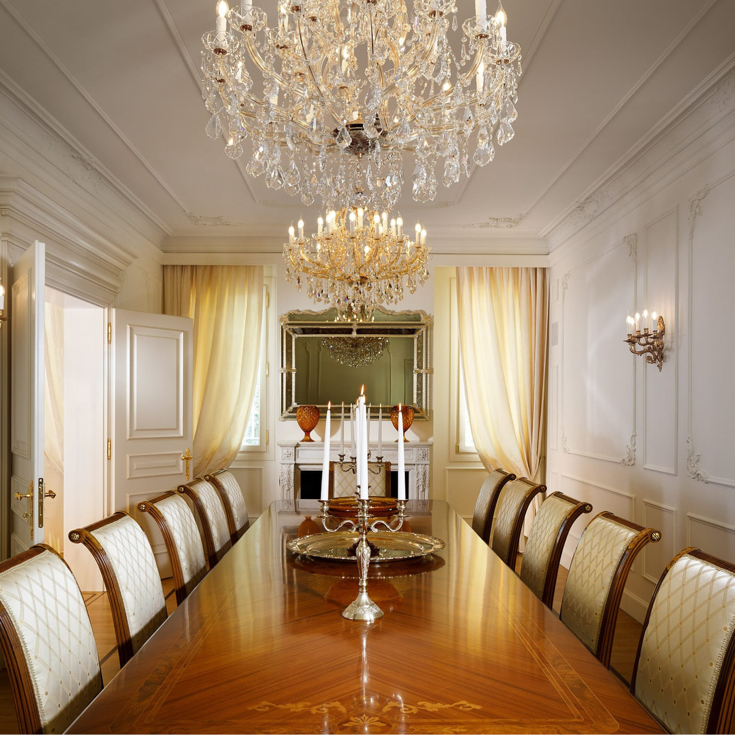 Luxurious dining room featuring a large Maria Theresa style crystal chandelier, creating an elegant ambiance with a long wooden table and ornate chairs.