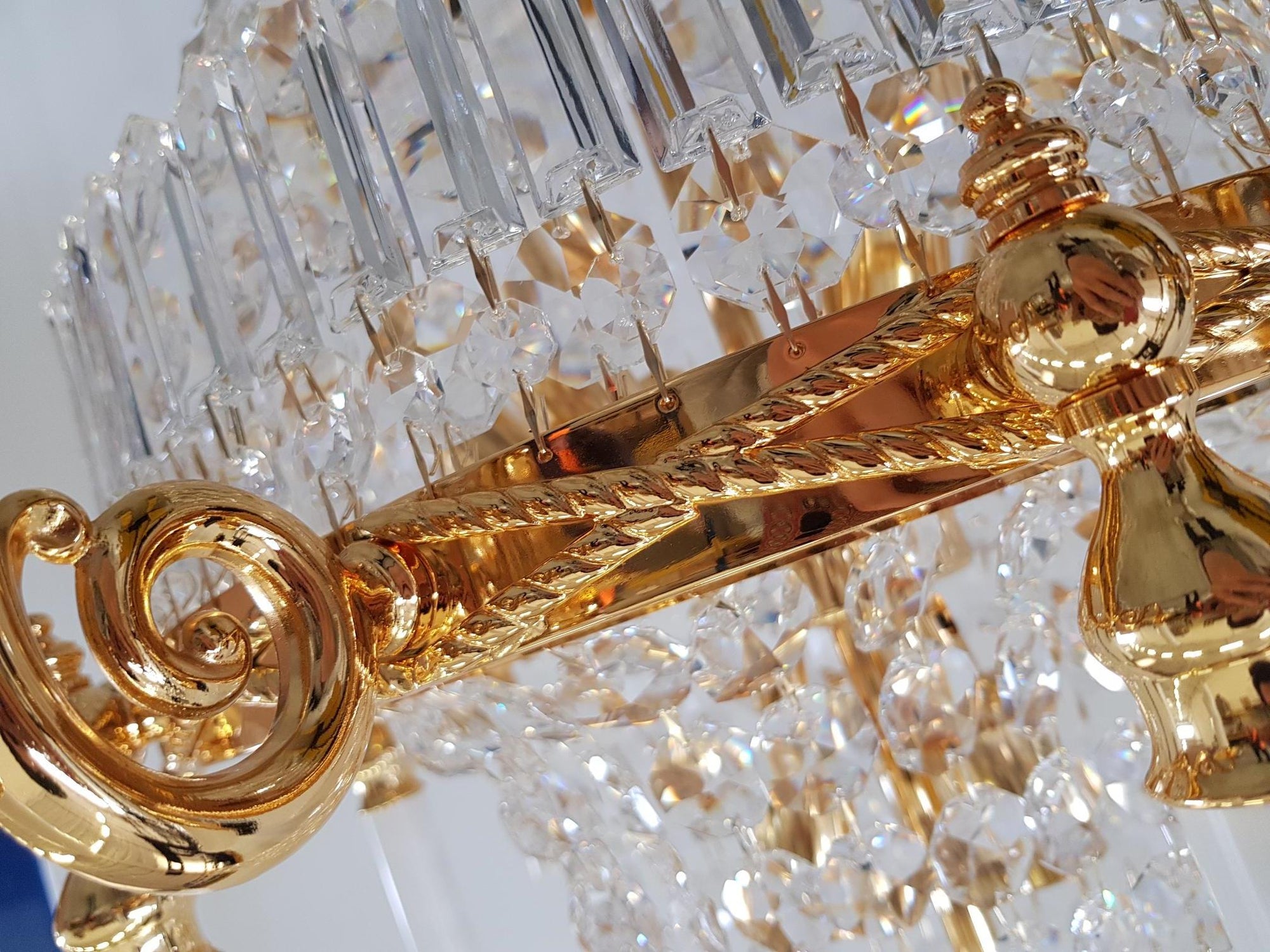 Dazzling Trio of Large Asfour Crystal Custom Empire Chandeliers Featured in St. Albans Hall