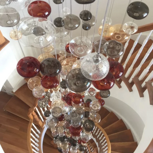 20 Ft Tall Bespoke Stairwell Chandelier With Coloured Glass Bubbles