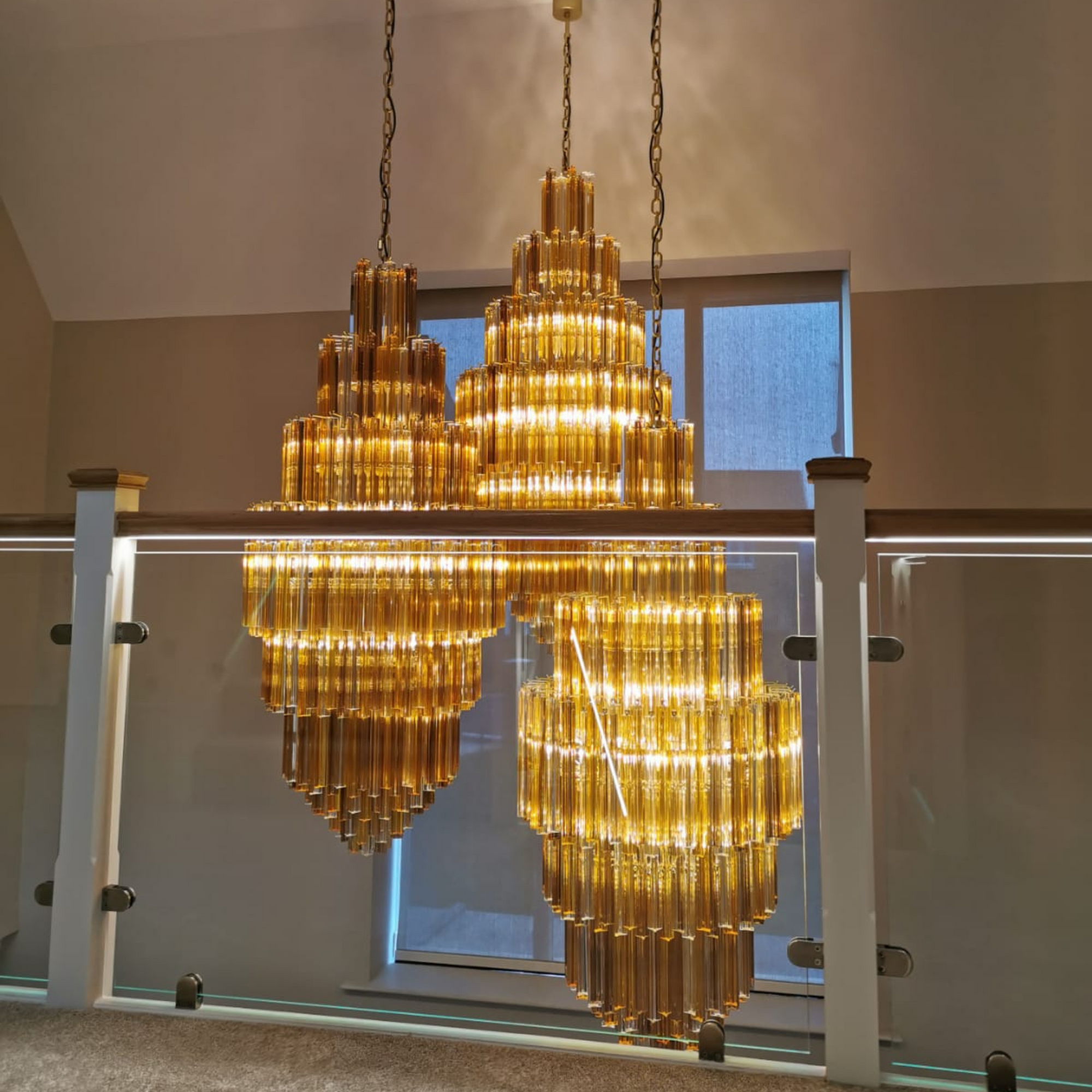 Cluster Pendant Custom Stairwell Chandelier 3 Sided Murano Glass Prism in Amber, Fume & Clear Crystal