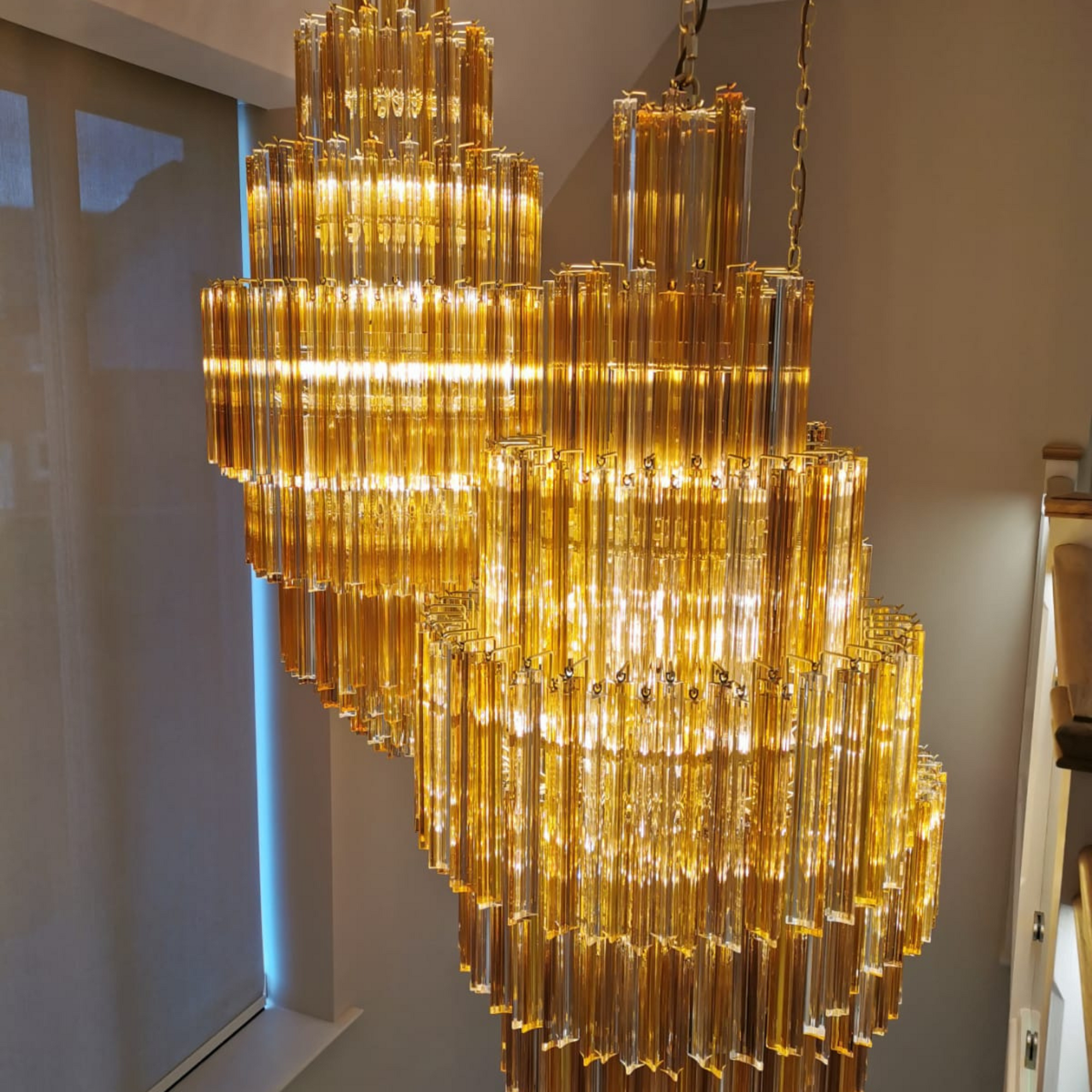 Cluster Pendant Custom Stairwell Chandelier 3 Sided Murano Glass Prism in Amber, Fume & Clear Crystal