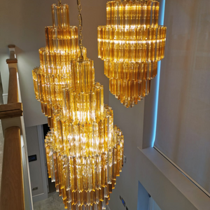 Cluster Pendant Custom Stairwell Chandelier 3 Sided Murano Glass Prism in Amber, Fume & Clear Crystal