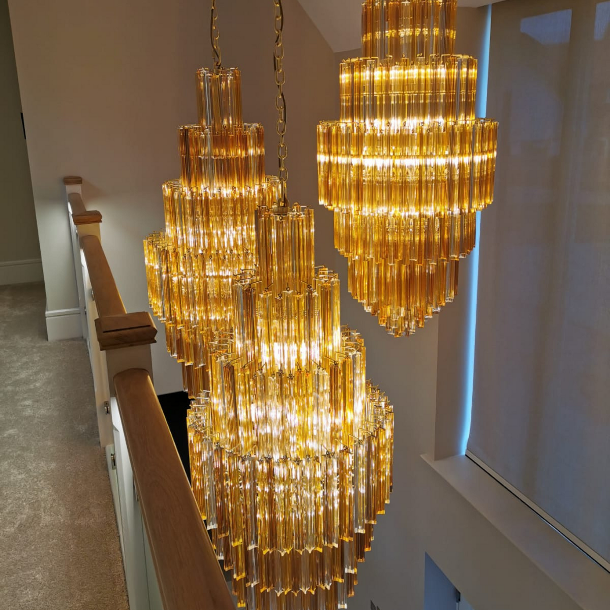 Cluster Pendant Custom Stairwell Chandelier 3 Sided Murano Glass Prism in Amber, Fume & Clear Crystal