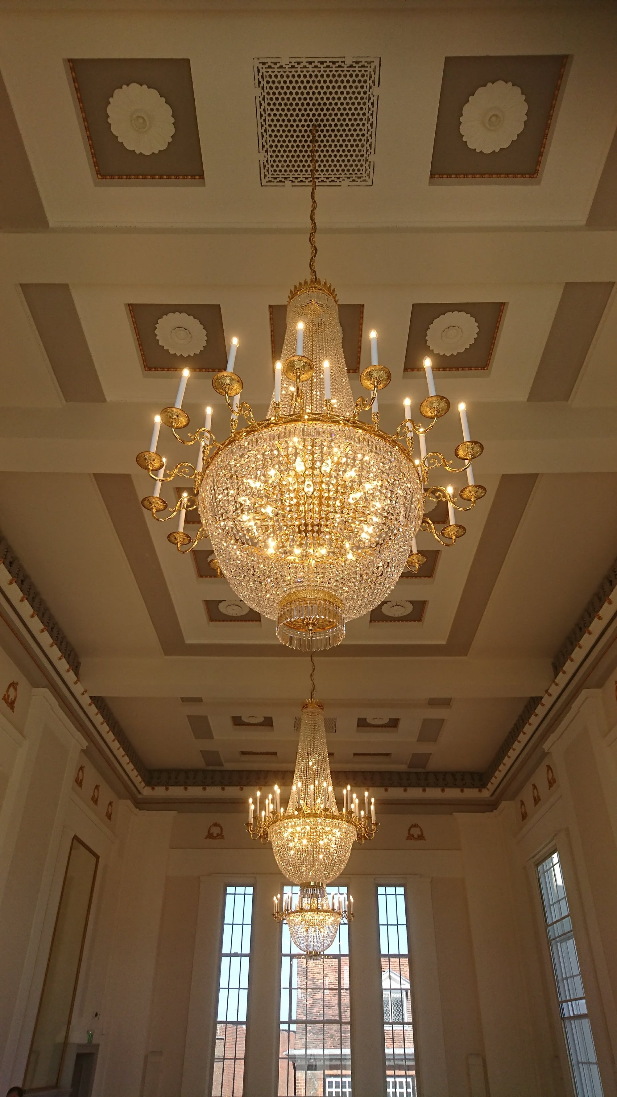 Dazzling Trio of Large Asfour Crystal Custom Empire Chandeliers Featured in St. Albans Hall