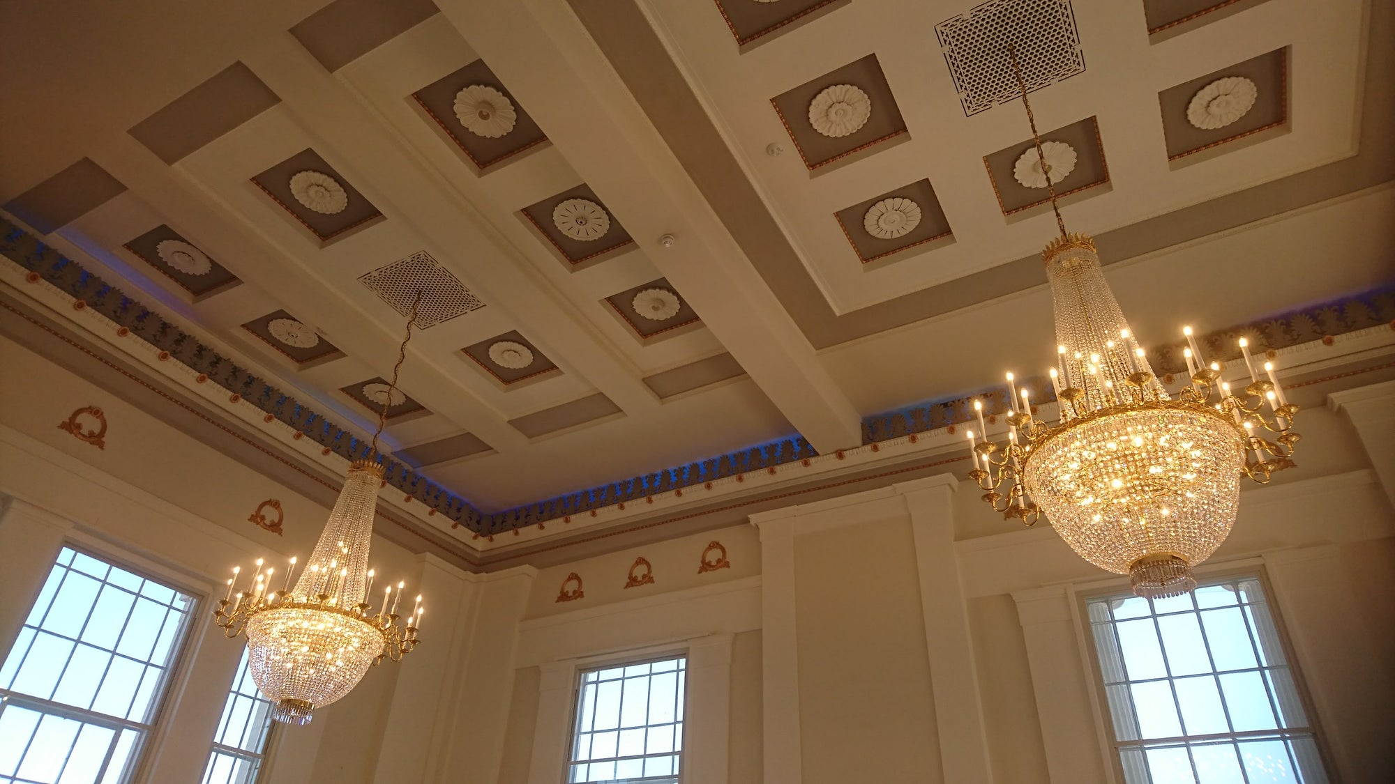 Dazzling Trio of Large Asfour Crystal Custom Empire Chandeliers Featured in St. Albans Hall