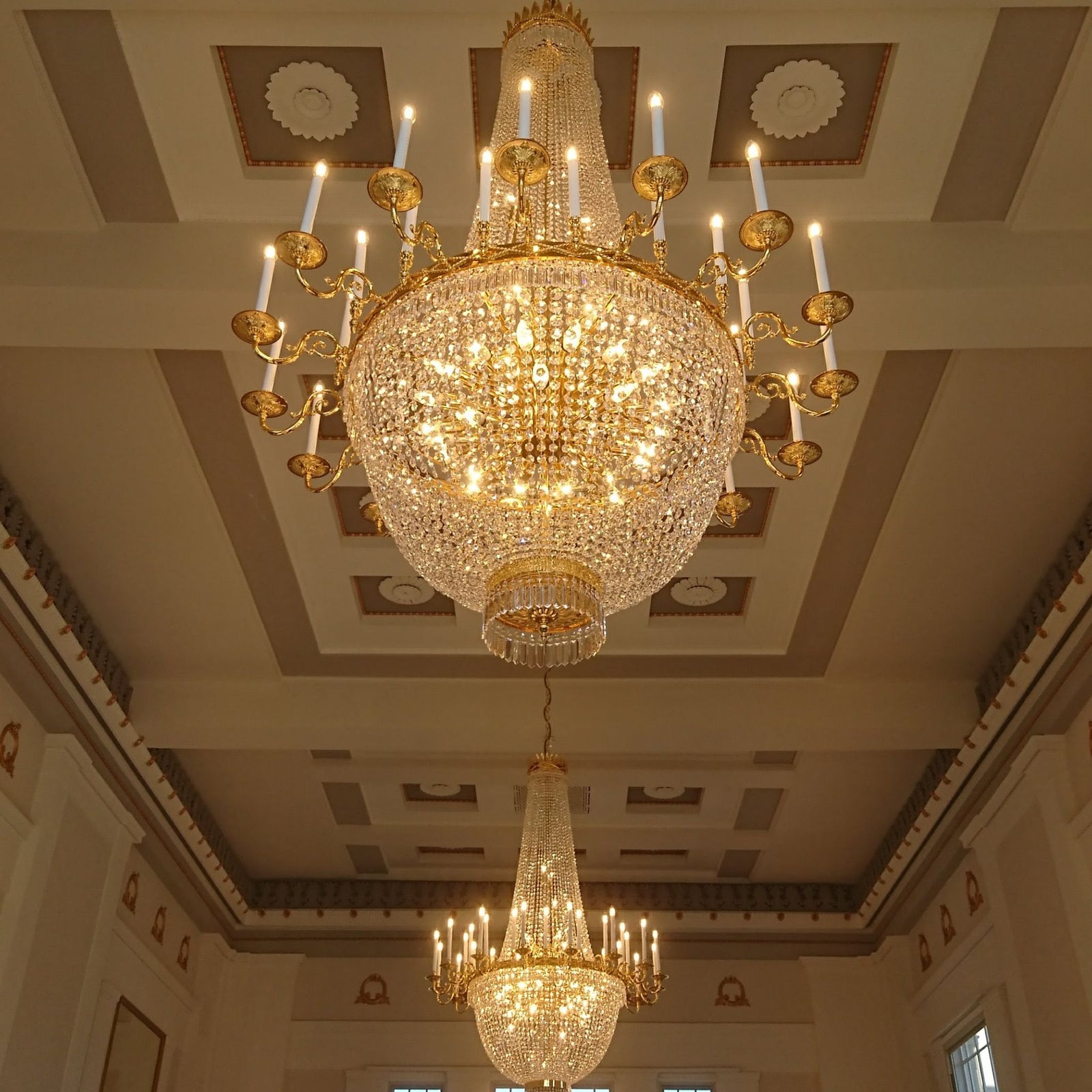 Dazzling Trio of Large Asfour Crystal Custom Empire Chandeliers Featured in St. Albans Hall