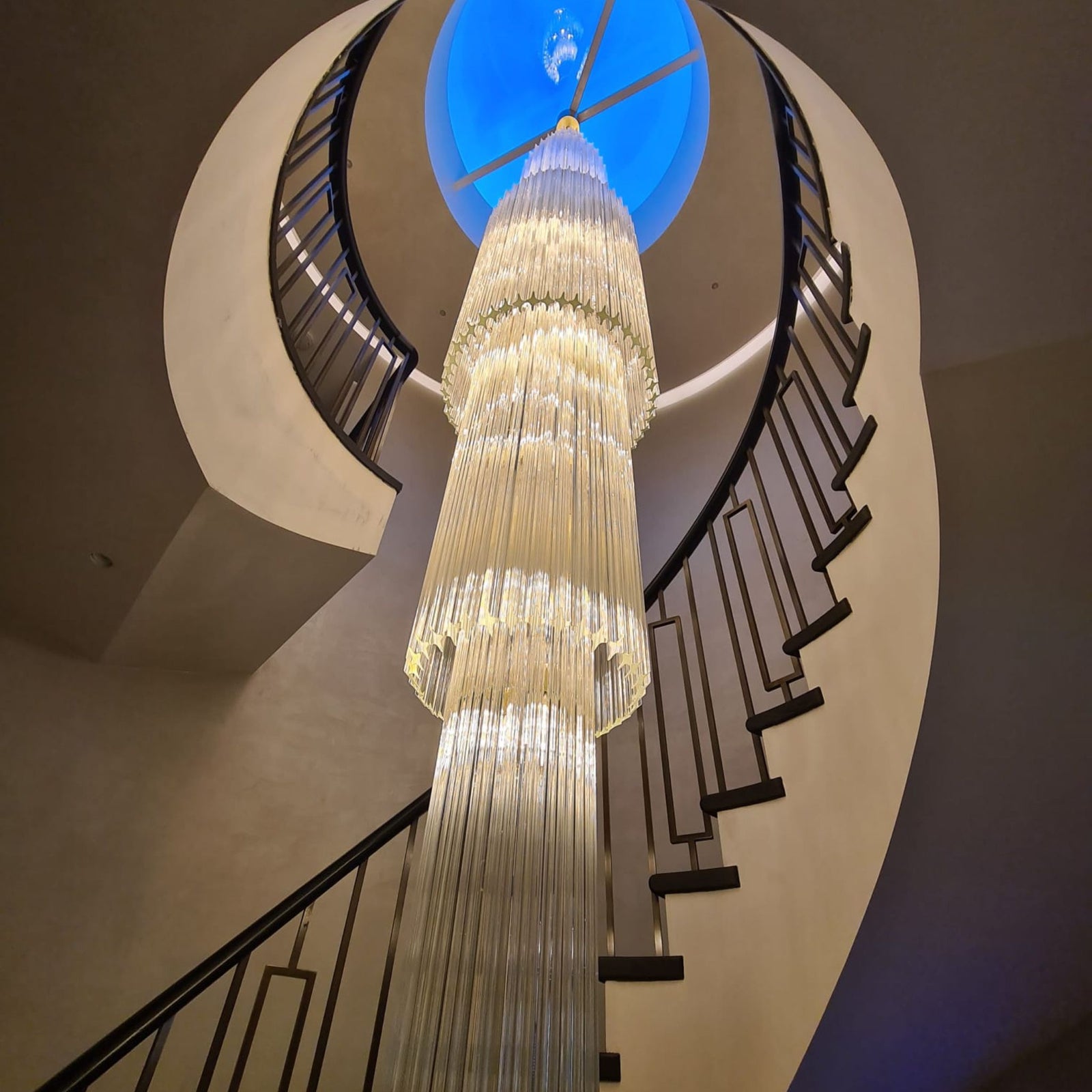 Large Custom Stairwell Murano Glass Prism Chandelier with Unique Extra Long Glass Elements