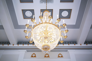Dazzling Trio of Large Asfour Crystal Custom Empire Chandeliers Featured in St. Albans Hall