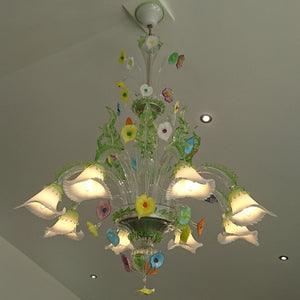 White & Green Murano Glass Lily Chandelier