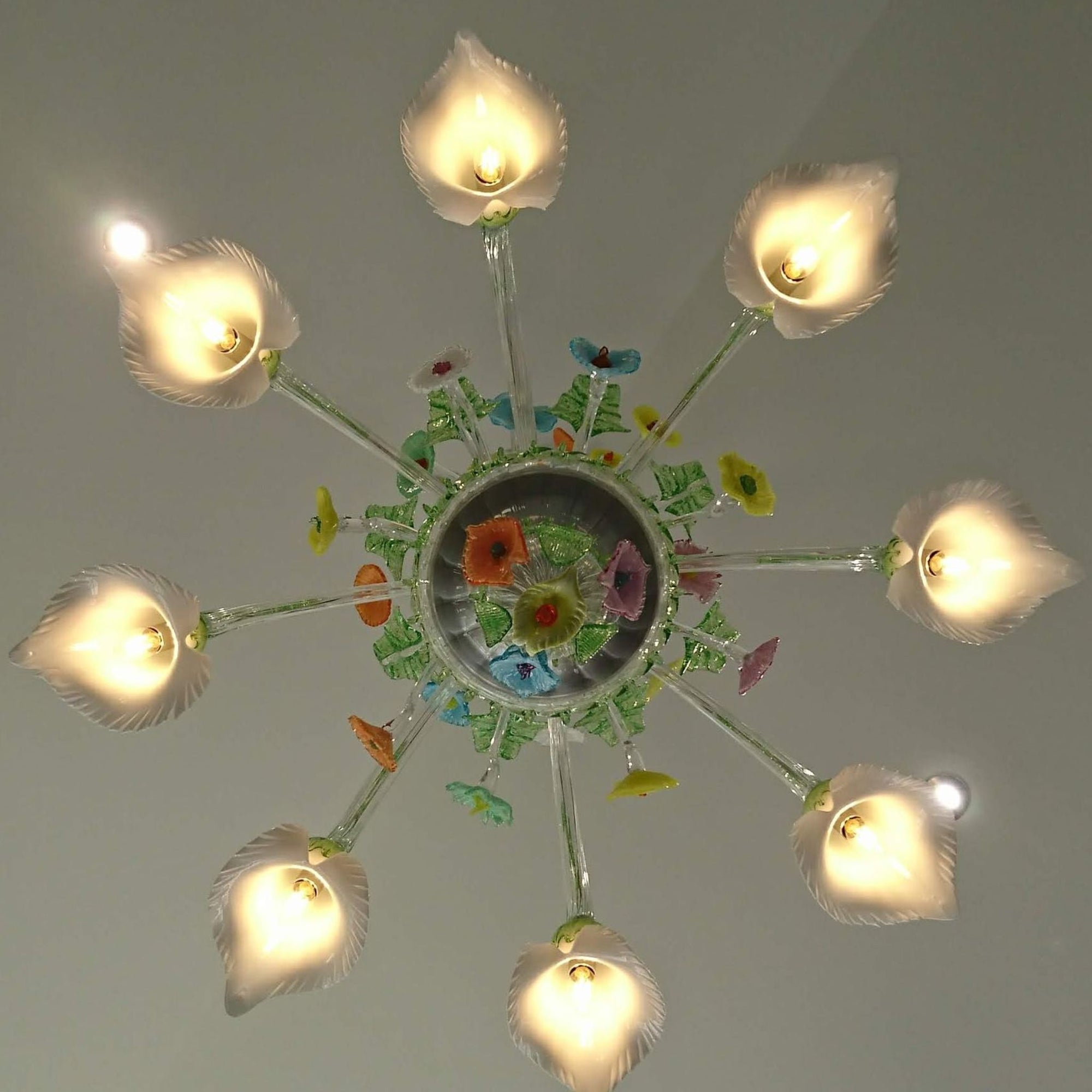 White & Green Murano Glass Lily Chandelier