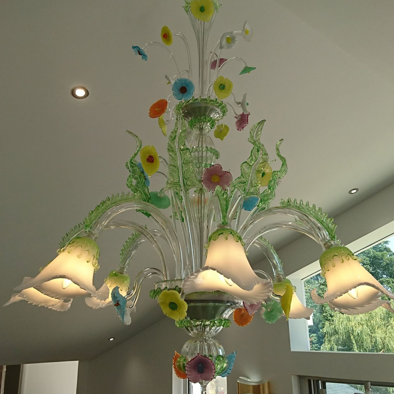 White & Green Murano Glass Lily Chandelier