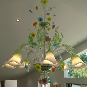 White & Green Murano Glass Lily Chandelier