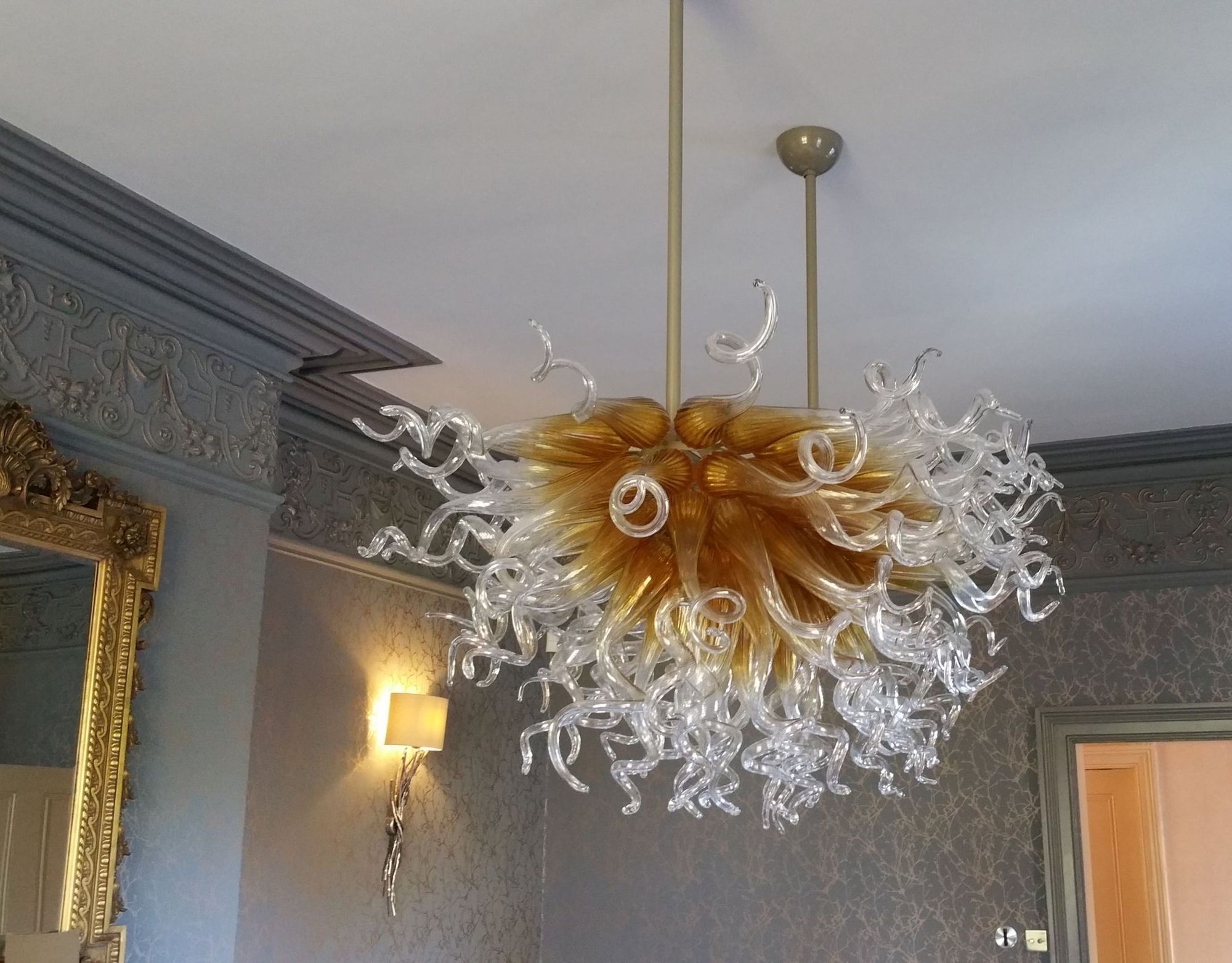 Bespoke gold and clear Murano glass art chandelier