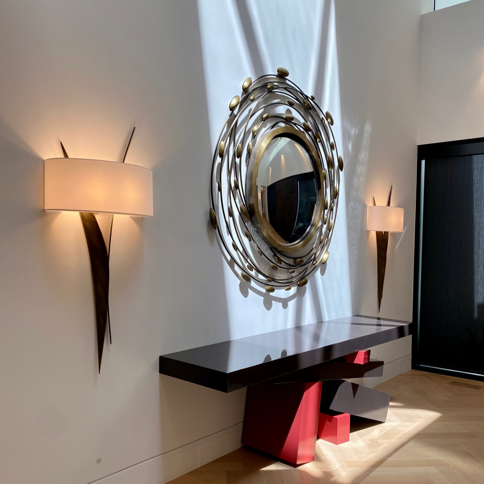 Custom Bronze Sculptural Wall Light With Linen Shades